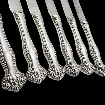 Antique Rogers Avon Dinner Knives, Hollow Handles, Blunt Blades, Silver Plate, Highly Ornate, Very Old, 1901, Set of 6