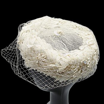 Ladies Vintage Hat Dressy, Faux Pearls, Sequins and Netting, Creamy White, Pillbox Style, Wedding Hat, L Strauss