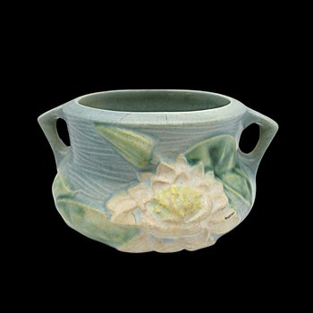 Roseville Pottery Planter Water Lily, Blue Green Cream, 4 Inch Diameter