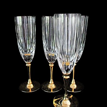 Morgan Gold Plated Crystal Stemware, Champagne Flutes, Set of 4, Rare, Wedding Gift, Gold Stemware, Made in Hong Kong