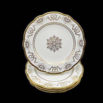 Coalport Dinner Plates for Marshall Fields, Set of 4, Gold Pattern on White, Center Medallion, Made in England, Wedding or Anniversary Gift