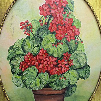 Original Oil Painting Red Geraniums, Gold Frame, 19 X 15 Inches, Farmhouse or French Country Wall Decor