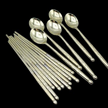 Stainless Steel Chopsticks Stirrers Long Spoons, 18/10 Kum Ling, Golden Floral Pattern, Set of 10 Chopsticks, 5 Spoons