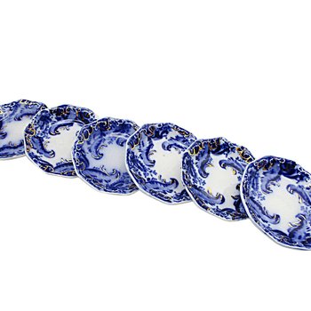Flow Blue Butter Pats, Set of 6, WH Grindley Argyle Pattern, Gold Highlights, Great Condition