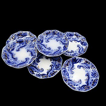 Flow Blue Butter Pats, Set of 6, WH Grindley Argyle Pattern, Gold Highlights, Great Condition