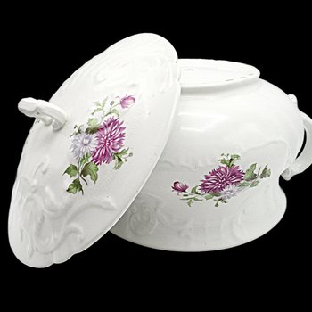 Chamber Pot, Dresden China, Lidded, Lavender and Violet Florals, Deeply Embossed, Wonderful Condition, Antique Bath Decor, French Country