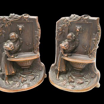 Solid Bronze Bookends, Girl at Fountain, Lions Head Faucet, Antique Heavy Bookends, Old World French Decor, Art Nouveau, 1920s