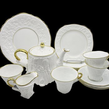 Royal Stafford Old English Oak, 16pc Tea Set, Leaves, Berries, Ivy, Embossed White with Gold Trim, Wonderful Condition, England 1930s
