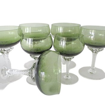 Green Champagne and Cordial Glasses, Celebrity Stemware, Wedding Gift, Gift for Wine Lovers, Toasting Glasses, Set of 7