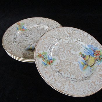 Victorian Lady Bread Plates, Empire England, Spring Florals with Gold Borders and Gold Flowers, Tablescaping, Set of 4