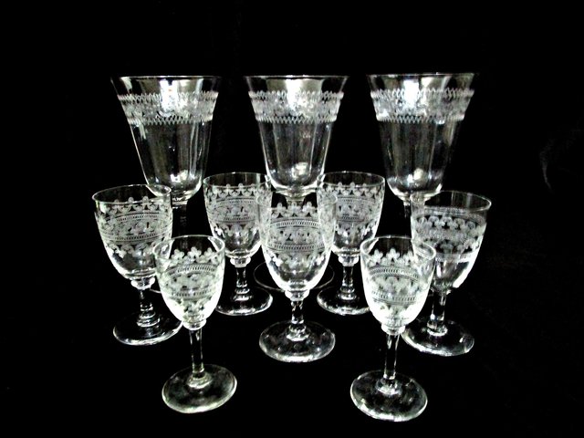 Bryce Crystal Stemware, Etched Barware, Wine Glasses, Water Goblets, Cordials and Liquors, Etch 327,  Total 10 Pieces,  Excellent Condition