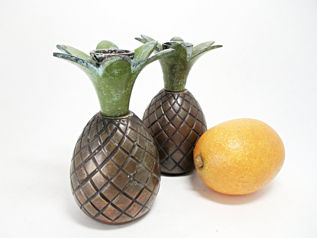 Pineapple Candleholders, Heavy Brass Candle Holders, Tropical Decor, Set of 2