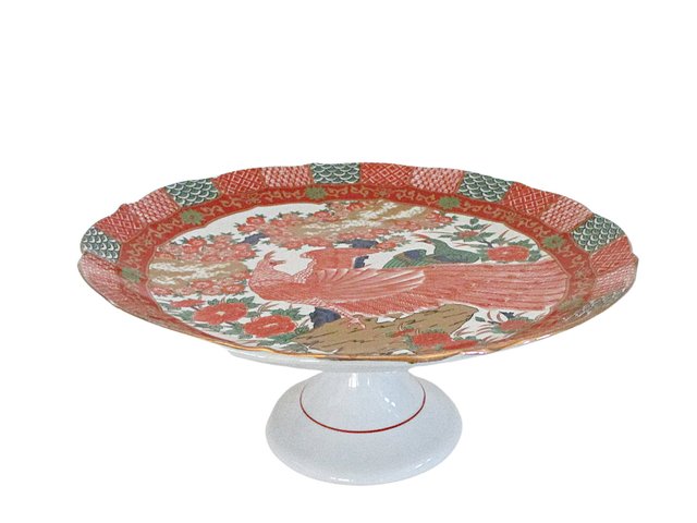 Cake Stand or Pedestal, Red Asian Bird or Pheasant, Scalloped with Gold Trims, Asian Decor, Made in Japan