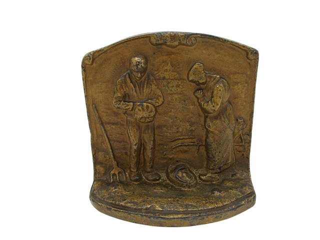 Metal Bookend, The Angelus, Praying Couple with Basket of Potatoes, Irish Potato Famine, Very Heavy, 1930s