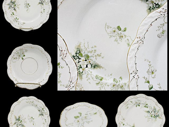 Antique German China, BJK Bav 62, White Flowers, Gold Trim, Deep Green Leaves, Magnolias, Dogwoods, Replacements Plates, Pieces