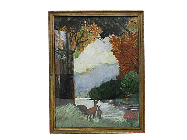 Wildlife Print, Watercolor? Framed Under Glass, Deer by Lake, with Trees, Serene , Deep Rich Colors, Lake House or Cabin Wall Decor