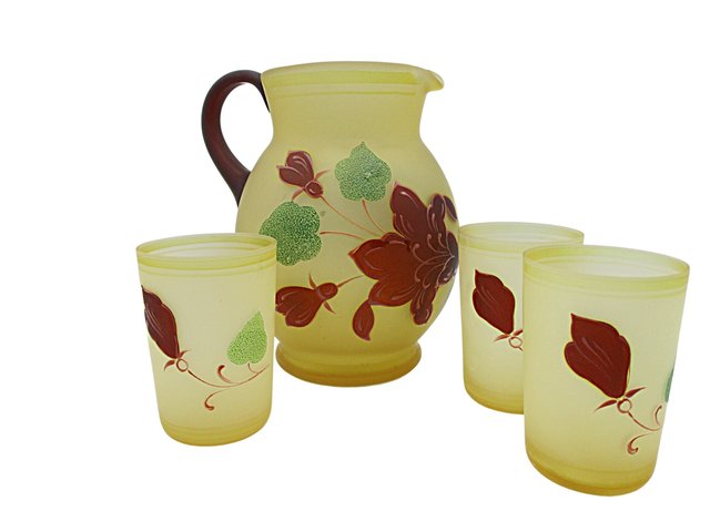 Hazel Atlas Pitcher and Juice Glasses, Frosted Yellow, Hand Painted Florals, Burgundy and Green, 4pc Set