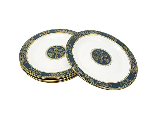 Royal Doulton Carlyle Bread Plates, Set of 4, Deep Teal with Gold and Blue Florals,  Excellent Condition