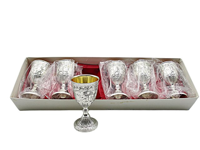 Set of 6 Liquors, or Cordials, Metal Silver Tone Exterior, Gold Toned Interior, Original Packaging, Never Used, Made in Japan