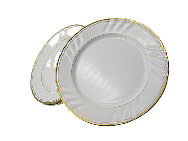 Fitz and Floyd, Orleans Blanc, Dinner Plates, Set of 4, White with Gold Trim, Scalloped Rims, Wedding Gift or Replacement Pieces, Exc Cond
