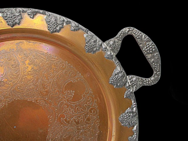 Large Copper Serving Tray, Heavy Ornate Trim and Handles, 18 Inch Diameter, French Farmhouse Country Kitchen Decor, Federal Silver on Copper