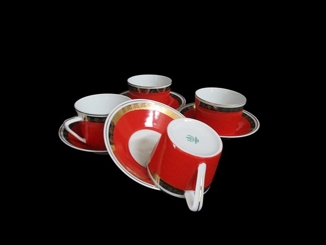 Espresso Cups and Saucers, Made in Hungary by Hollohaza, 8pcs, Red with Gold Trims, Hungarian Demitasse Set, Gift for Espresso Lover
