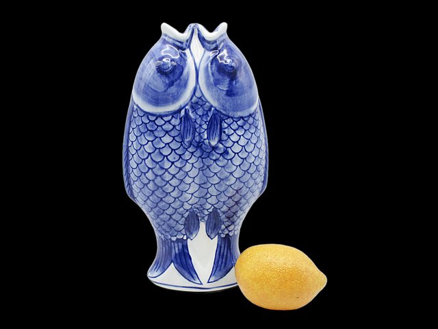 Double Koi Fish Vase Blue and White, Chinoiserie Decor, Tall and Heavy, Excellent Condition